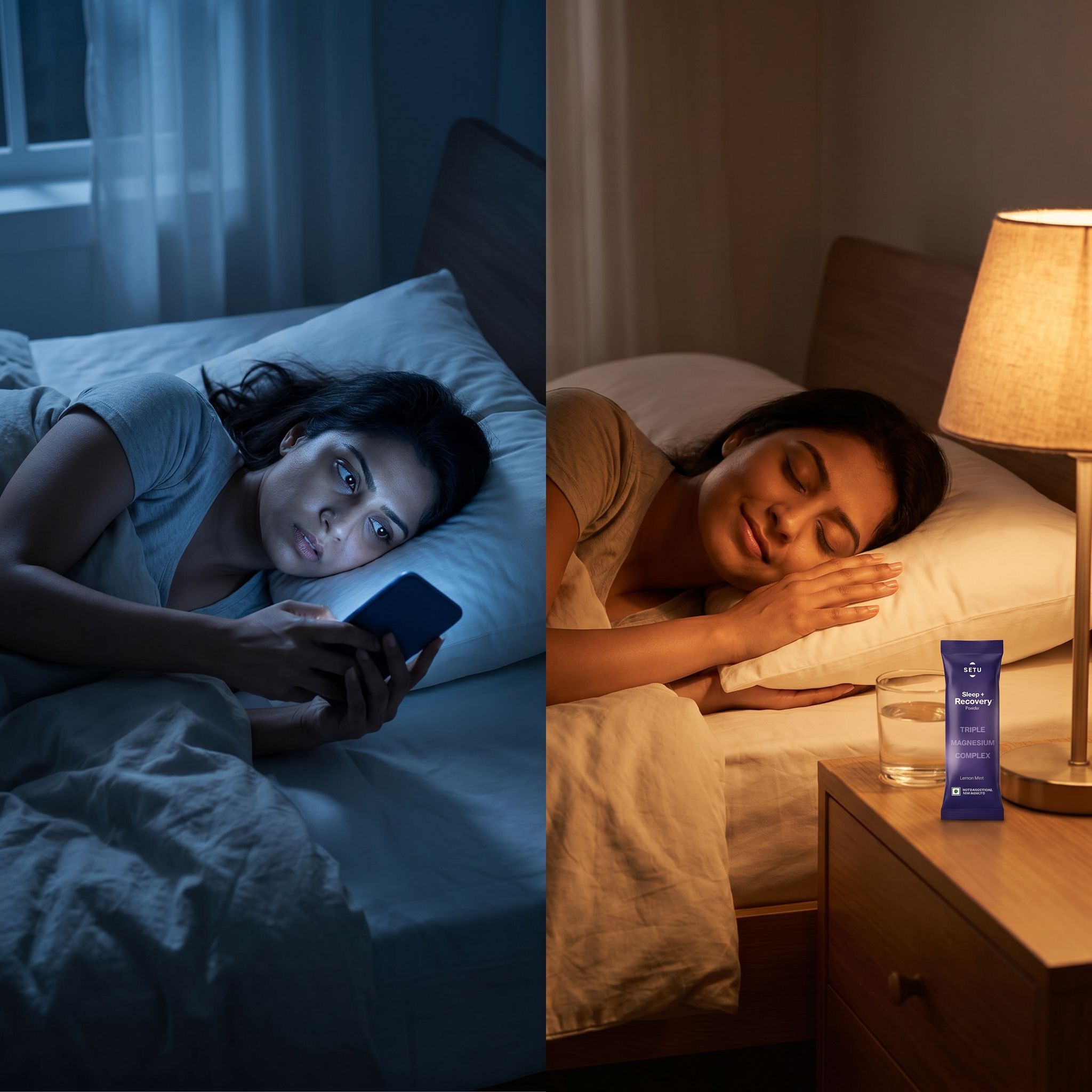 Subtle before-and-after — Day 1 vs Day 14 on Sleep + Recovery, same woman, natural lighting