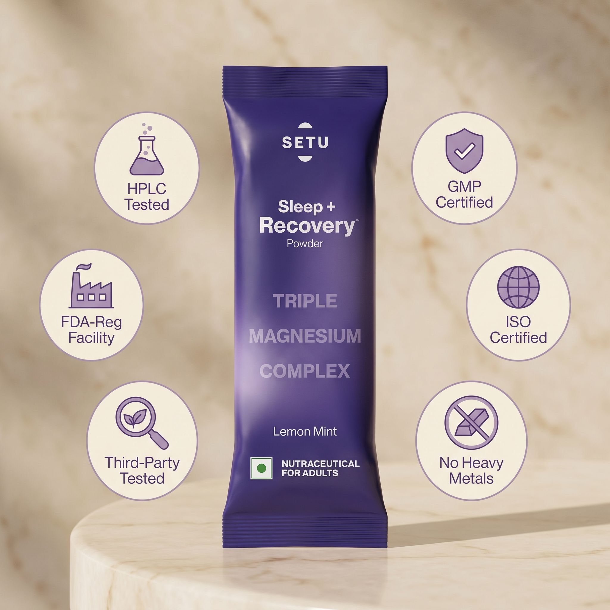 Hexagonal grid of six trust badges — Made in India, FSSAI approved, Gangwal Healthcare manufactured, no artificial sweeteners, no fillers, third-party tested